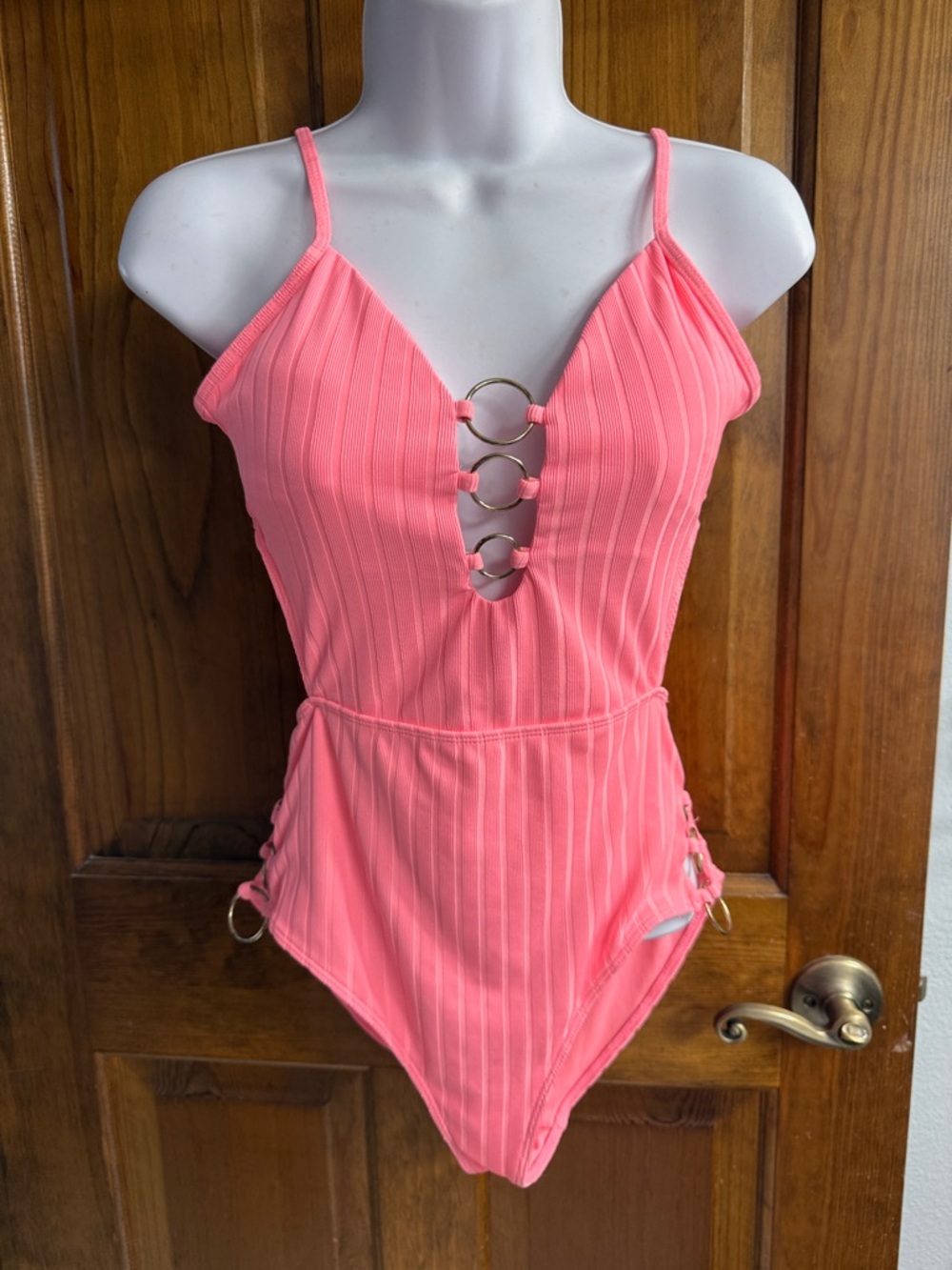 No Boundaries Coral Pink Ribbed One-Piece Swimsuit with Ring Accents